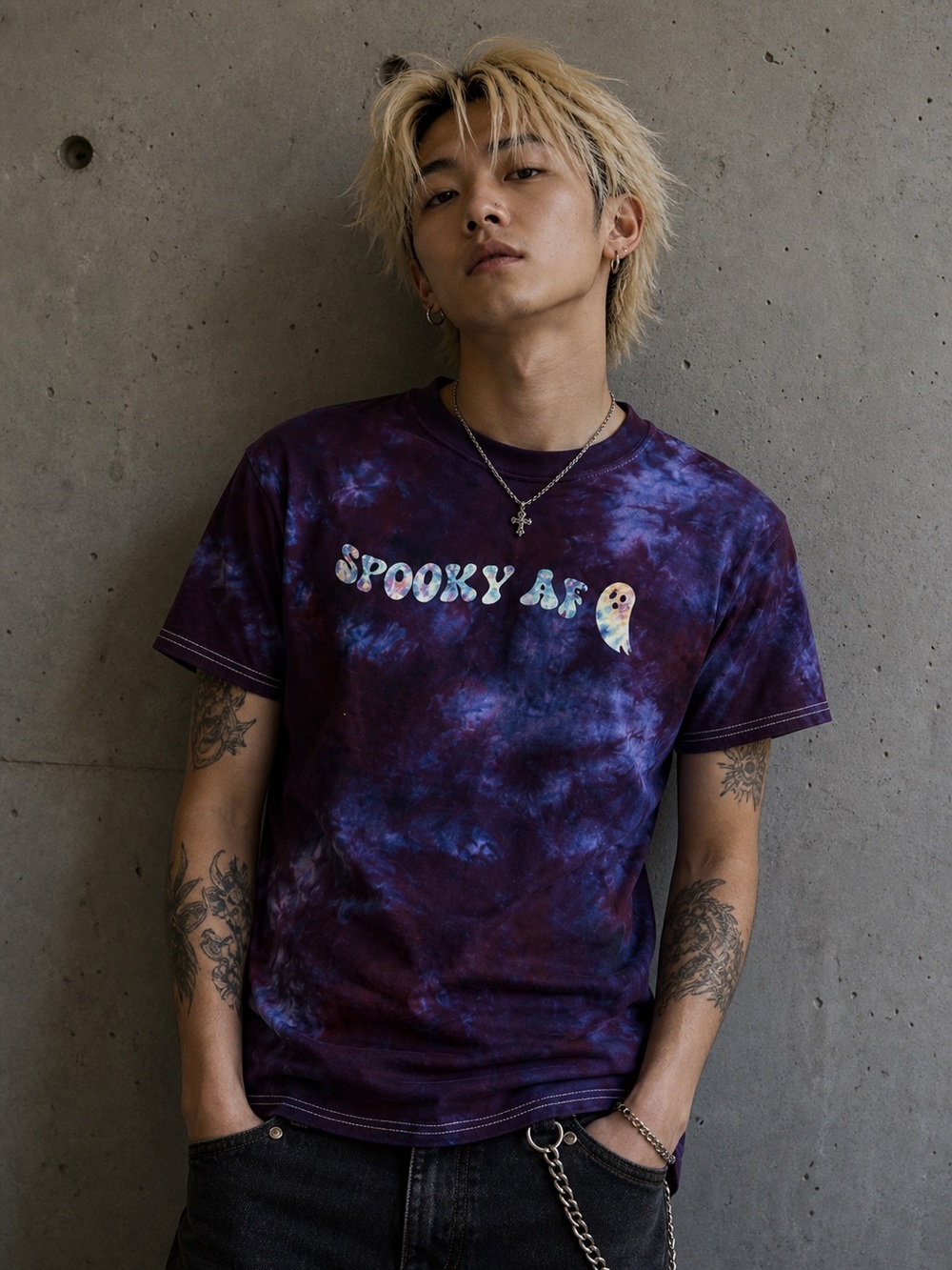 Gildan Ice Dyed Halloween Spooky AF Ghost Tshirt Small